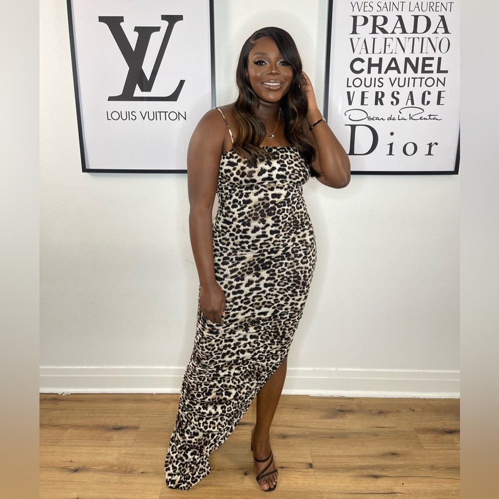 Fitted slit dress with ruching detail